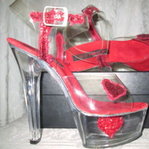 LUSCIOUS 6.5 RED GLITTER HEART CLEAR PLATFORM HEELS Halloween costume cosplay
